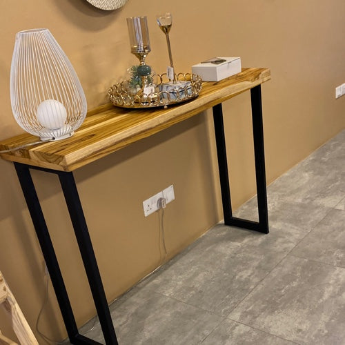 hardwood console table with black steel metal legs